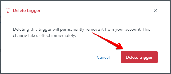 Arrow pointing towards the "Delete trigger" button